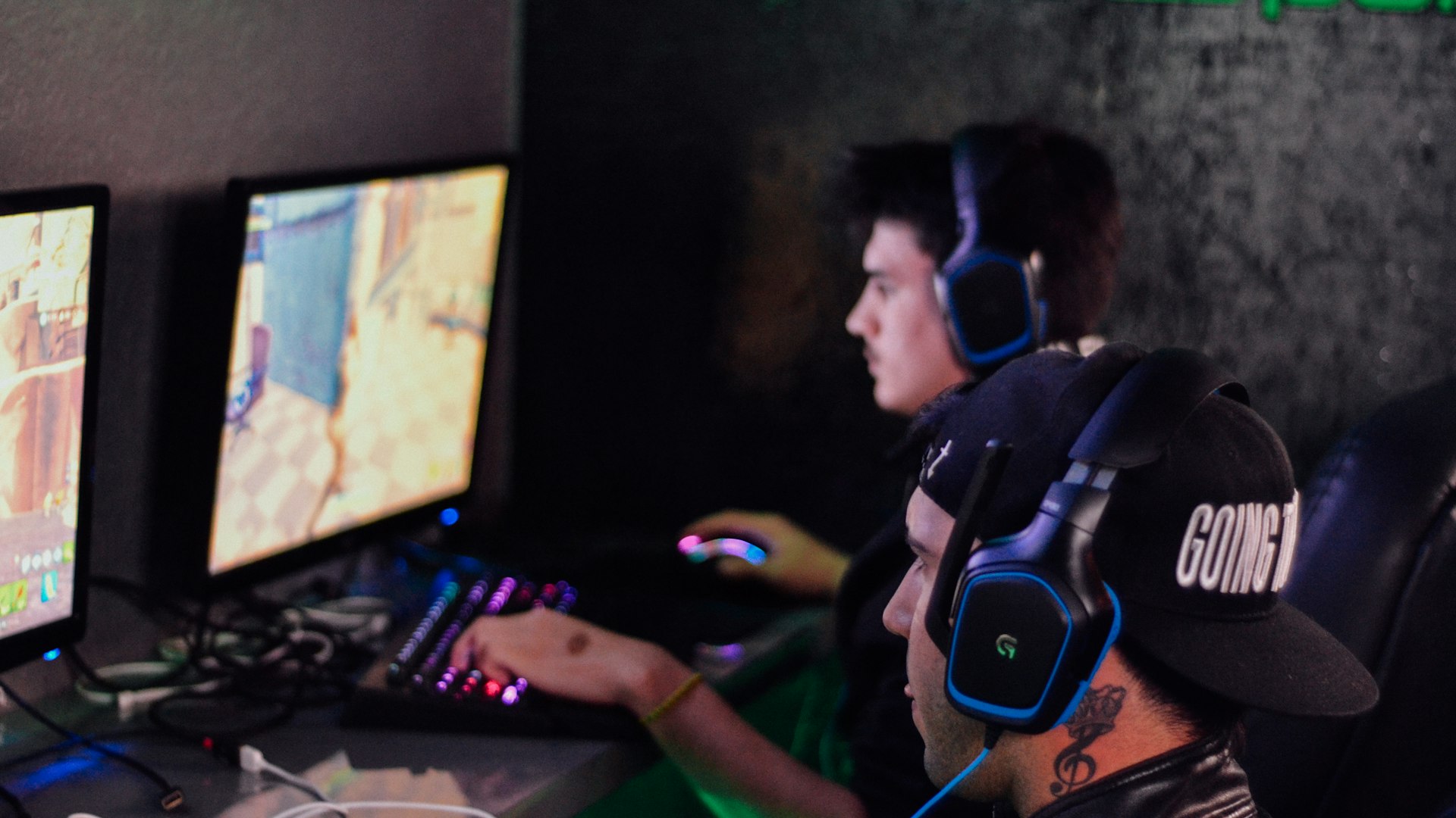 Competitive gaming raid team coordinating in a dark arena
